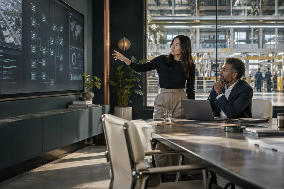 AI-generated editorial image of enterprise data specialists discussing a shared data-platform architecture.