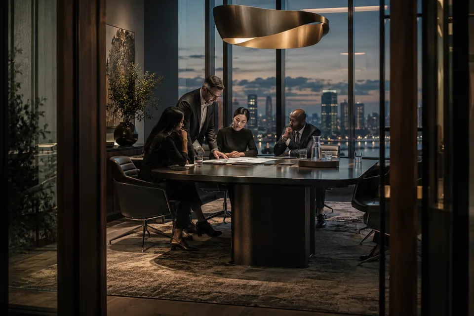AI-generated illustration of a team reviewing a proposal in a boardroom.