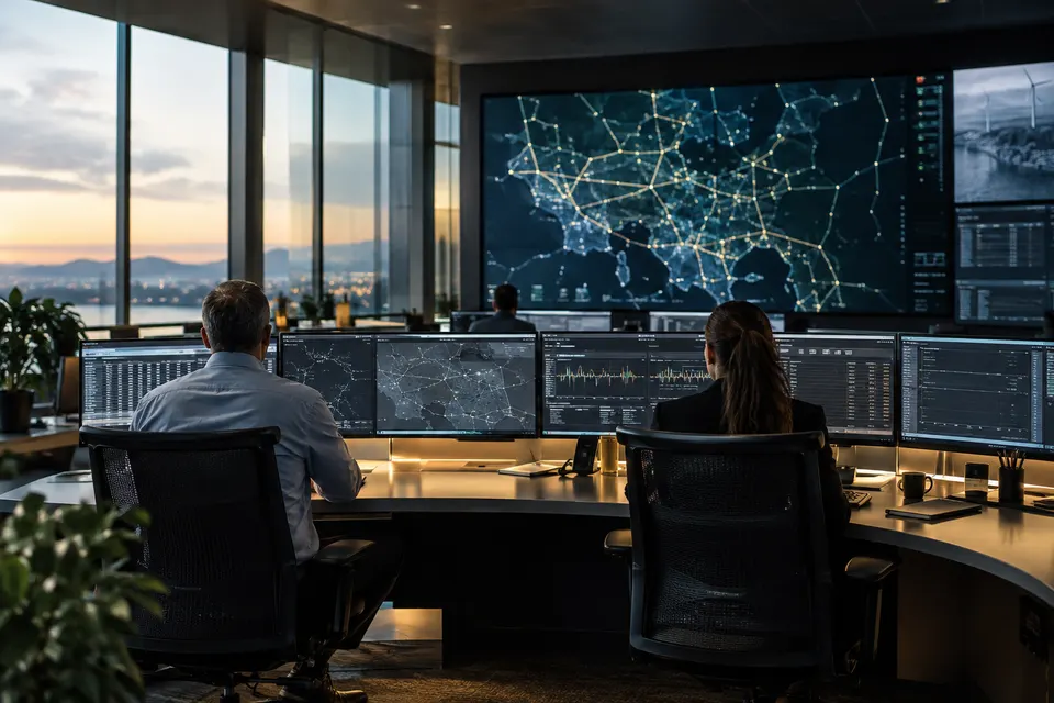 AI-generated illustration of operators in an electricity grid control room.