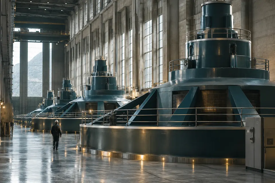 AI-generated illustration of a hydroelectric power plant turbine hall.