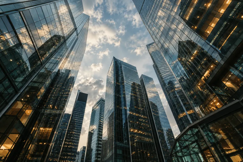 AI-generated illustration of glass towers in a financial district.