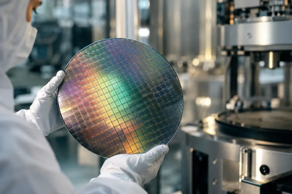 AI-generated illustration of a semiconductor wafer held by a cleanroom engineer.