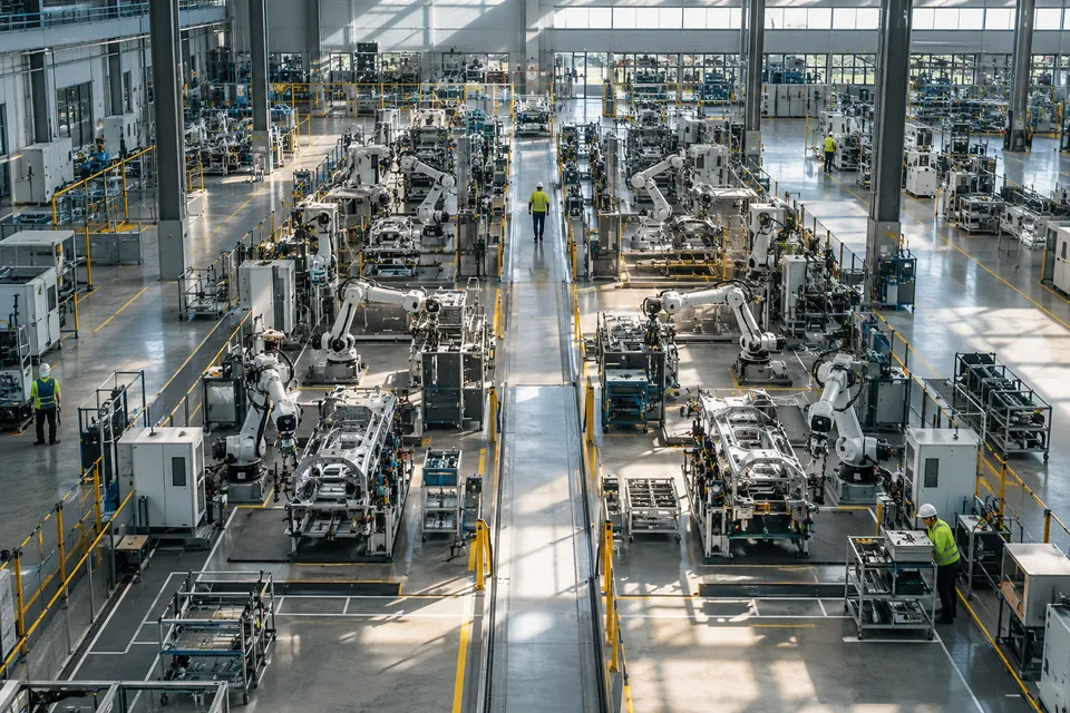 AI-generated illustration of robotic production cells in an assembly facility.