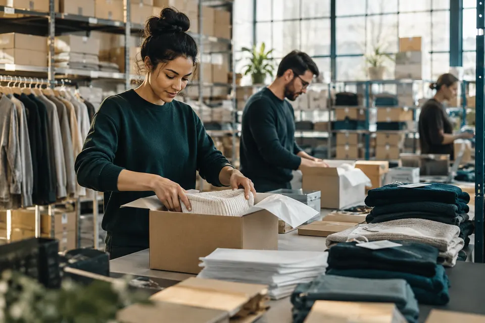 AI-generated illustration of apparel orders being packed at an e-commerce fulfilment station.