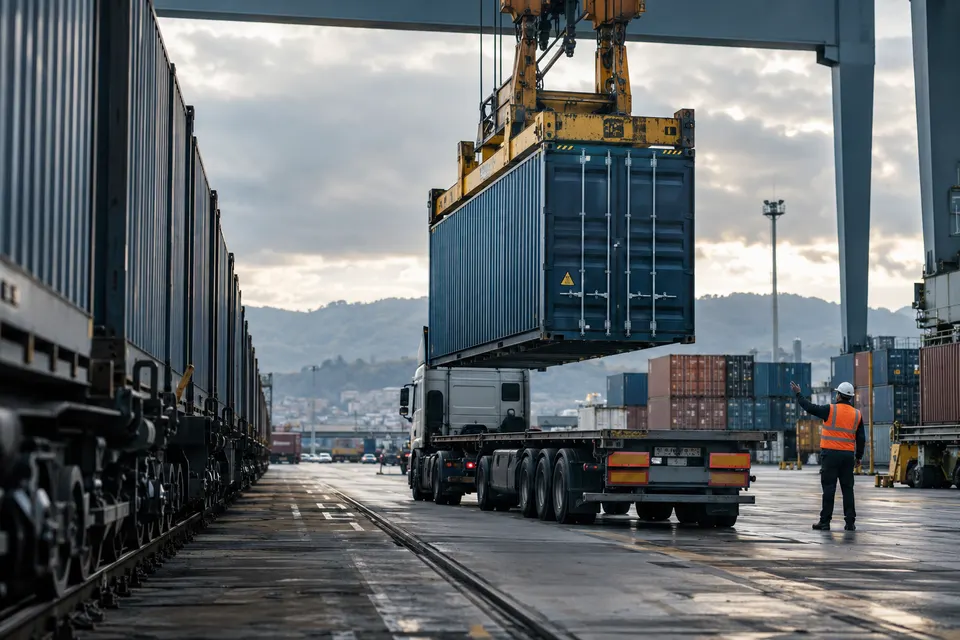 AI-generated illustration of container transfers at an inland freight terminal.